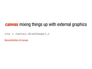 canvas mixing things up with external graphics
ctx = canvas.drawImage(…)

Demonstration of canvas
 