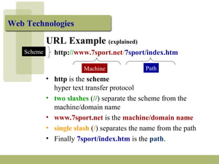 Web Technologies 
URL Example (explained) 
http://www.7sport.net/7sport/index.htm 
Machine Path 
Scheme 
• http is the scheme 
hyper text transfer protocol 
• two slashes (//) separate the scheme from the 
machine/domain name 
• www.7sport.net is the machine/domain name 
• single slash (/) separates the name from the path 
• Finally 7sport/index.htm is the path. 
 
