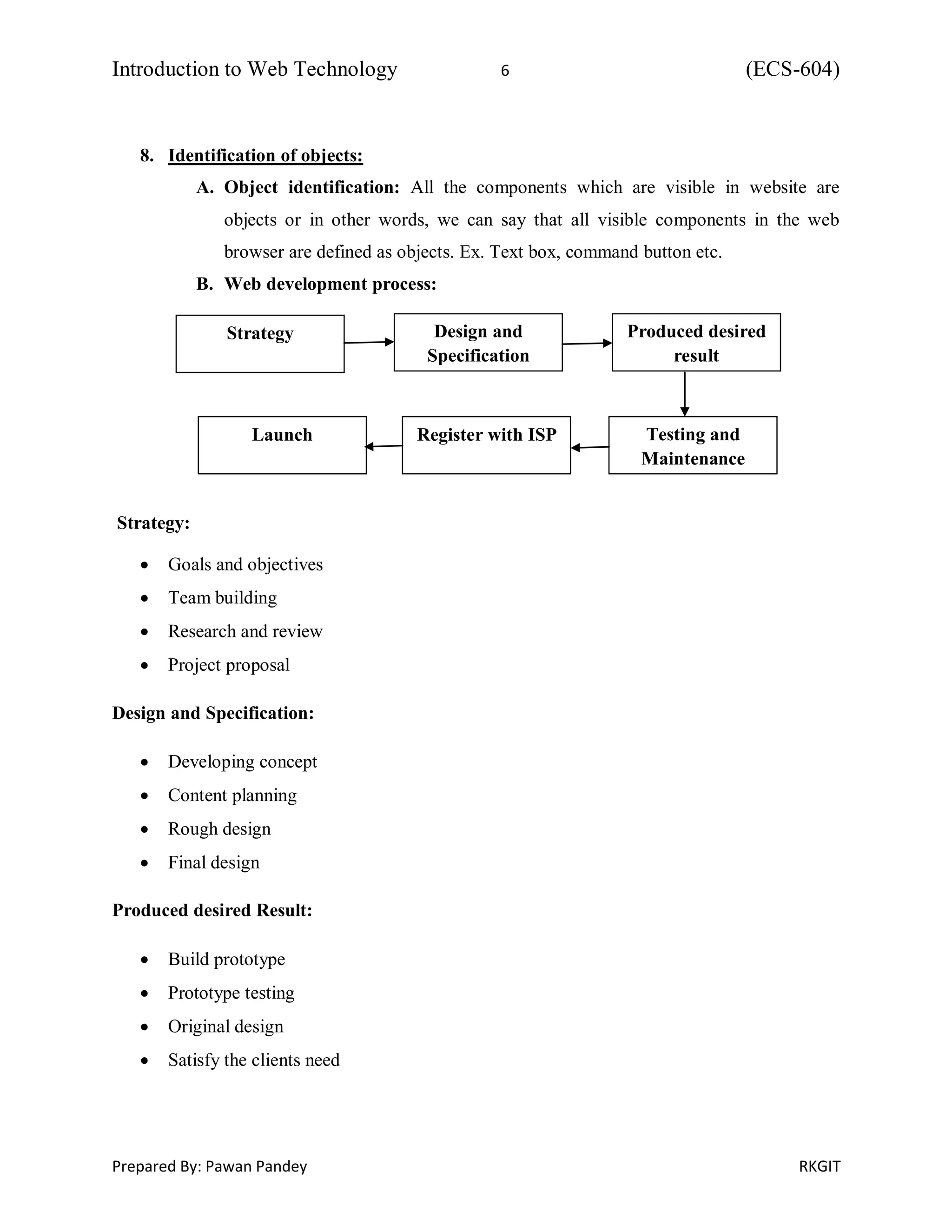 Introduction to Web Technology 6 (ECS-604)
Prepared By: Pawan Pandey RKGIT
8. Identification of objects:
A. Object identification: All the components which are visible in website are
objects or in other words, we can say that all visible components in the web
browser are defined as objects. Ex. Text box, command button etc.
B. Web development process:
Strategy:
 Goals and objectives
 Team building
 Research and review
 Project proposal
Design and Specification:
 Developing concept
 Content planning
 Rough design
 Final design
Produced desired Result:
 Build prototype
 Prototype testing
 Original design
 Satisfy the clients need
Strategy Design and
Specification
Produced desired
result
Testing and
Maintenance
Register with ISPLaunch
 