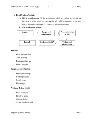Introduction to Web Technology 6 (ECS-604)
Prepared By: Pawan Pandey RKGIT
8. Identification of objects:
A. Object identification: All the components which are visible in website are
objects or in other words, we can say that all visible components in the web
browser are defined as objects. Ex. Text box, command button etc.
B. Web development process:
Strategy:
 Goals and objectives
 Team building
 Research and review
 Project proposal
Design and Specification:
 Developing concept
 Content planning
 Rough design
 Final design
Produced desired Result:
 Build prototype
 Prototype testing
 Original design
 Satisfy the clients need
Strategy Design and
Specification
Produced desired
result
Testing and
Maintenance
Register with ISPLaunch
 