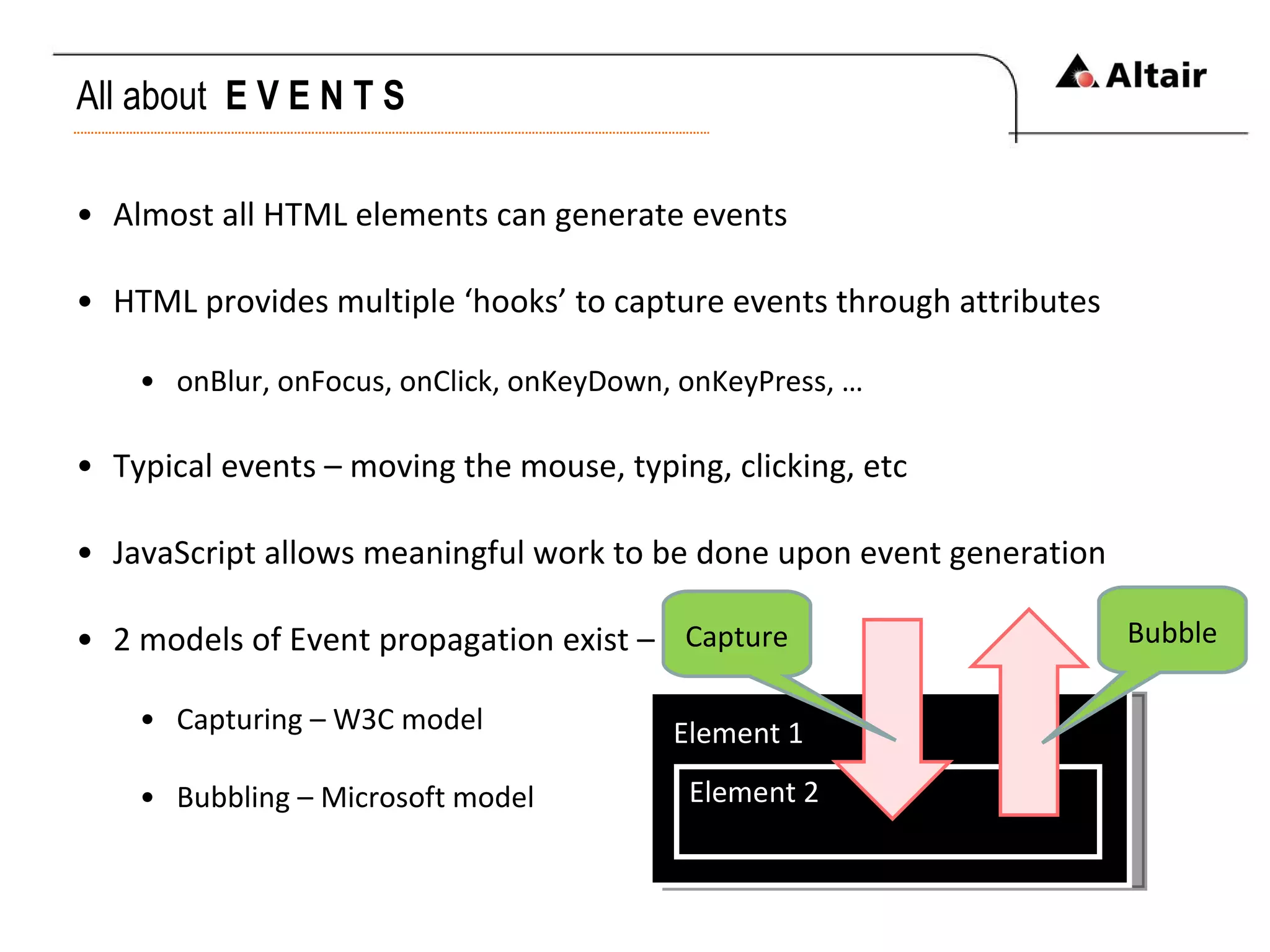 All about  E V E N T S Almost all HTML elements can generate events HTML provides multiple ‘hooks’ to capture events through attributes onBlur, onFocus, onClick, onKeyDown, onKeyPress, … Typical events – moving the mouse, typing, clicking, etc JavaScript allows meaningful work to be done upon event generation 2 models of Event propagation exist – Capturing – W3C model Bubbling – Microsoft model Element 1 Element 2 Capture Bubble 