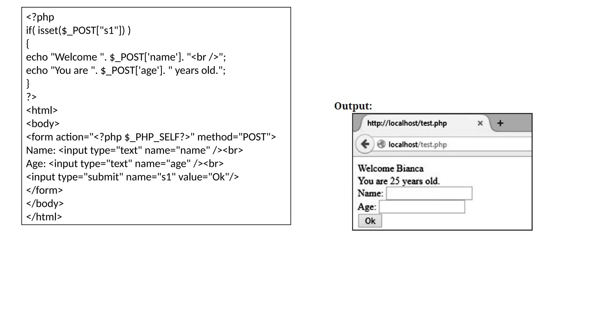 <?php
if( isset($_POST["s1"]) )
{
echo "Welcome ". $_POST['name']. "<br />";
echo "You are ". $_POST['age']. " years old.";
}
?>
<html>
<body>
<form action="<?php $_PHP_SELF?>" method="POST">
Name: <input type="text" name="name" /><br>
Age: <input type="text" name="age" /><br>
<input type="submit" name="s1" value="Ok"/>
</form>
</body>
</html>
 