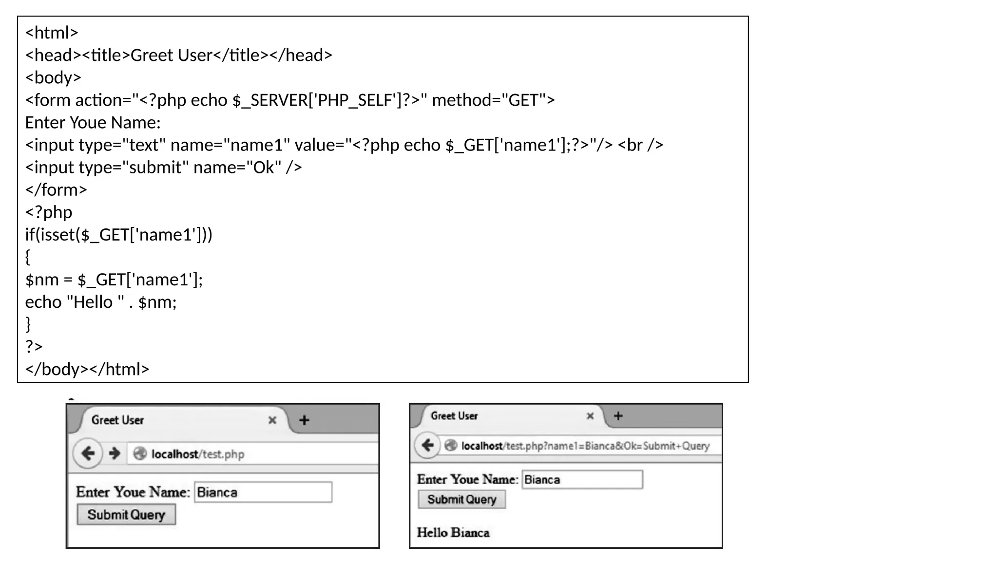 <html>
<head><title>Greet User</title></head>
<body>
<form action="<?php echo $_SERVER['PHP_SELF']?>" method="GET">
Enter Youe Name:
<input type="text" name="name1" value="<?php echo $_GET['name1'];?>"/> <br />
<input type="submit" name="Ok" />
</form>
<?php
if(isset($_GET['name1']))
{
$nm = $_GET['name1'];
echo "Hello " . $nm;
}
?>
</body></html>
 