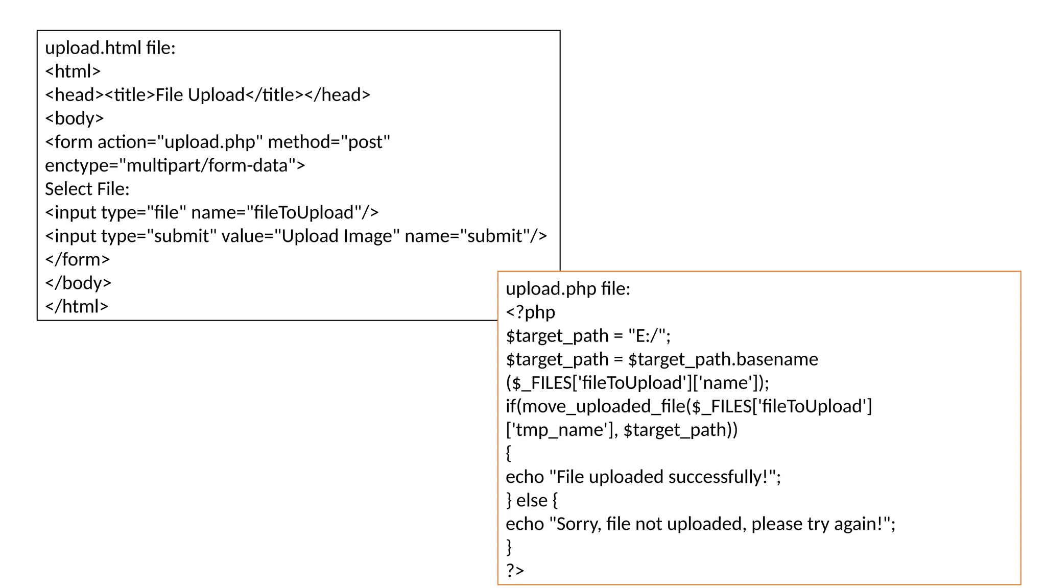 upload.html file:
<html>
<head><title>File Upload</title></head>
<body>
<form action="upload.php" method="post"
enctype="multipart/form-data">
Select File:
<input type="file" name="fileToUpload"/>
<input type="submit" value="Upload Image" name="submit"/>
</form>
</body>
</html>
upload.php file:
<?php
$target_path = "E:/";
$target_path = $target_path.basename
($_FILES['fileToUpload']['name']);
if(move_uploaded_file($_FILES['fileToUpload']
['tmp_name'], $target_path))
{
echo "File uploaded successfully!";
} else {
echo "Sorry, file not uploaded, please try again!";
}
?>
 
