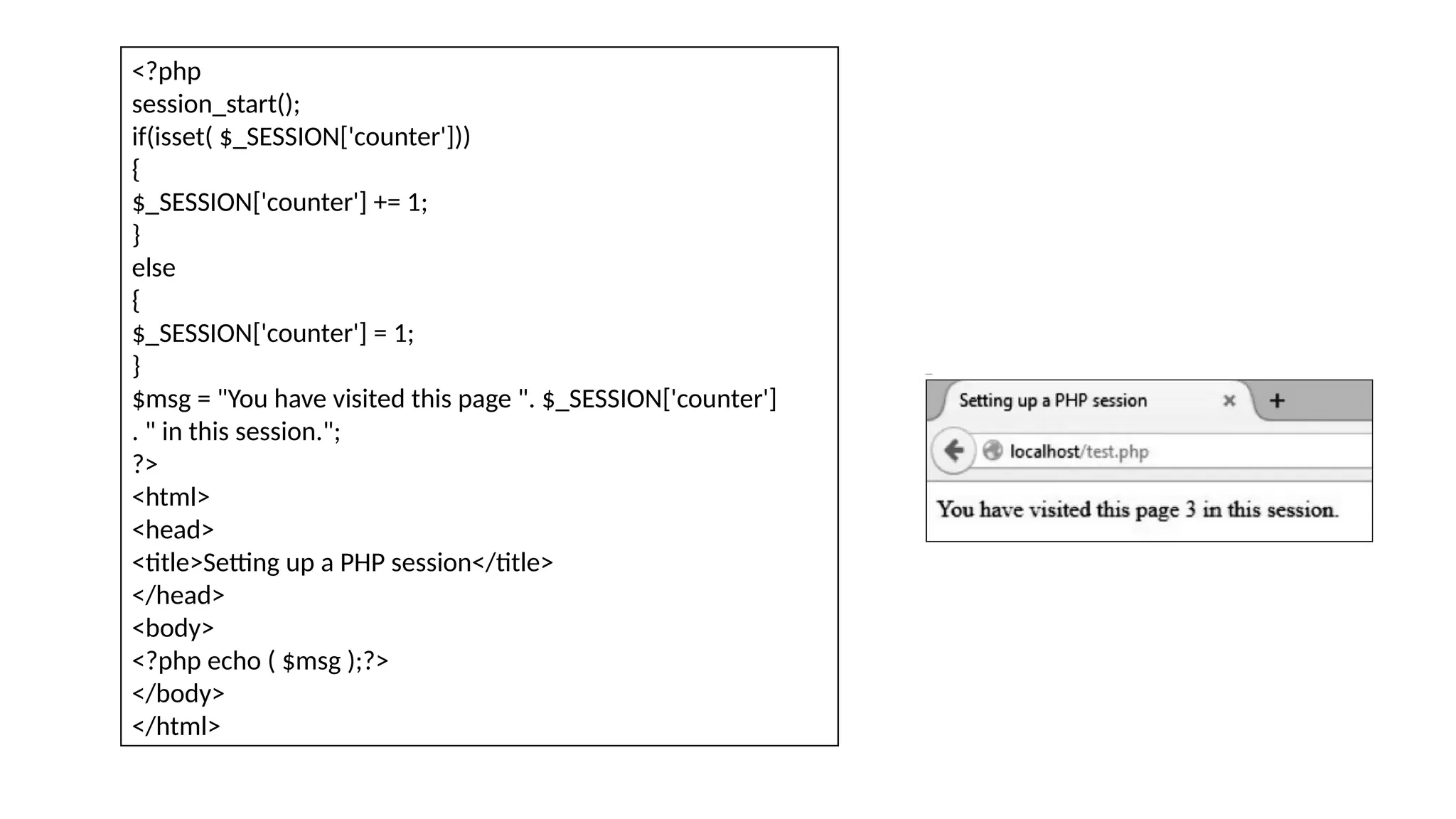 <?php
session_start();
if(isset( $_SESSION['counter']))
{
$_SESSION['counter'] += 1;
}
else
{
$_SESSION['counter'] = 1;
}
$msg = "You have visited this page ". $_SESSION['counter']
. " in this session.";
?>
<html>
<head>
<title>Setting up a PHP session</title>
</head>
<body>
<?php echo ( $msg );?>
</body>
</html>
 
