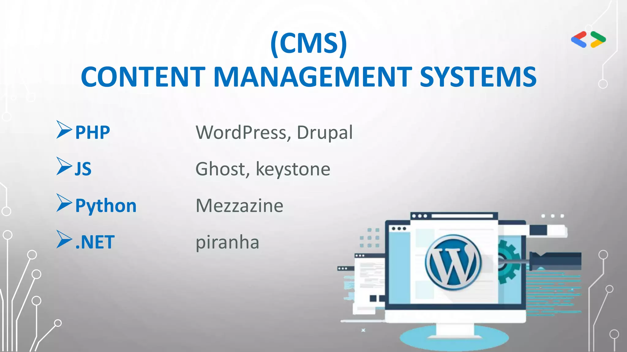 (CMS)
CONTENT MANAGEMENT SYSTEMS
PHP WordPress, Drupal
JS Ghost, keystone
Python Mezzazine
.NET piranha
 