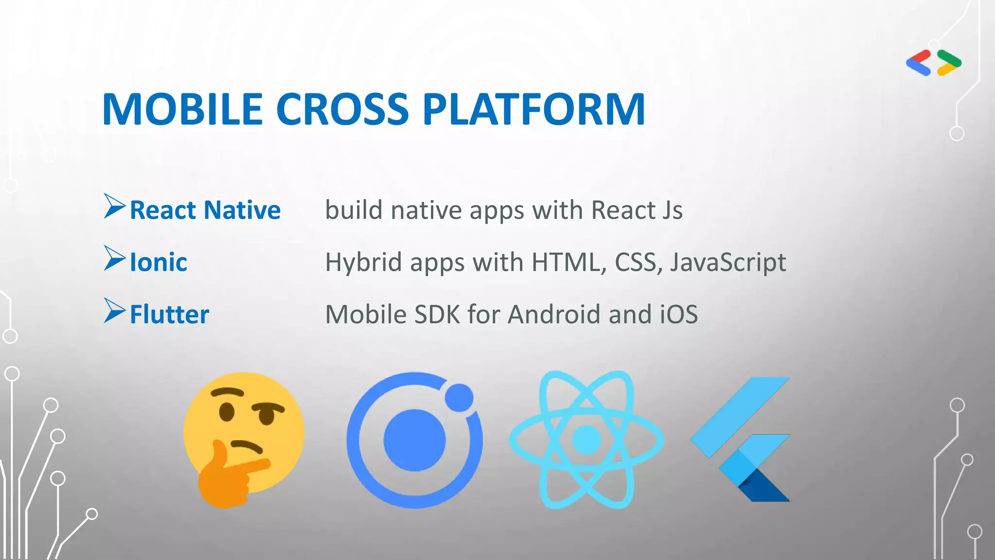 MOBILE CROSS PLATFORM
React Native build native apps with React Js
Ionic Hybrid apps with HTML, CSS, JavaScript
Flutter Mobile SDK for Android and iOS
 