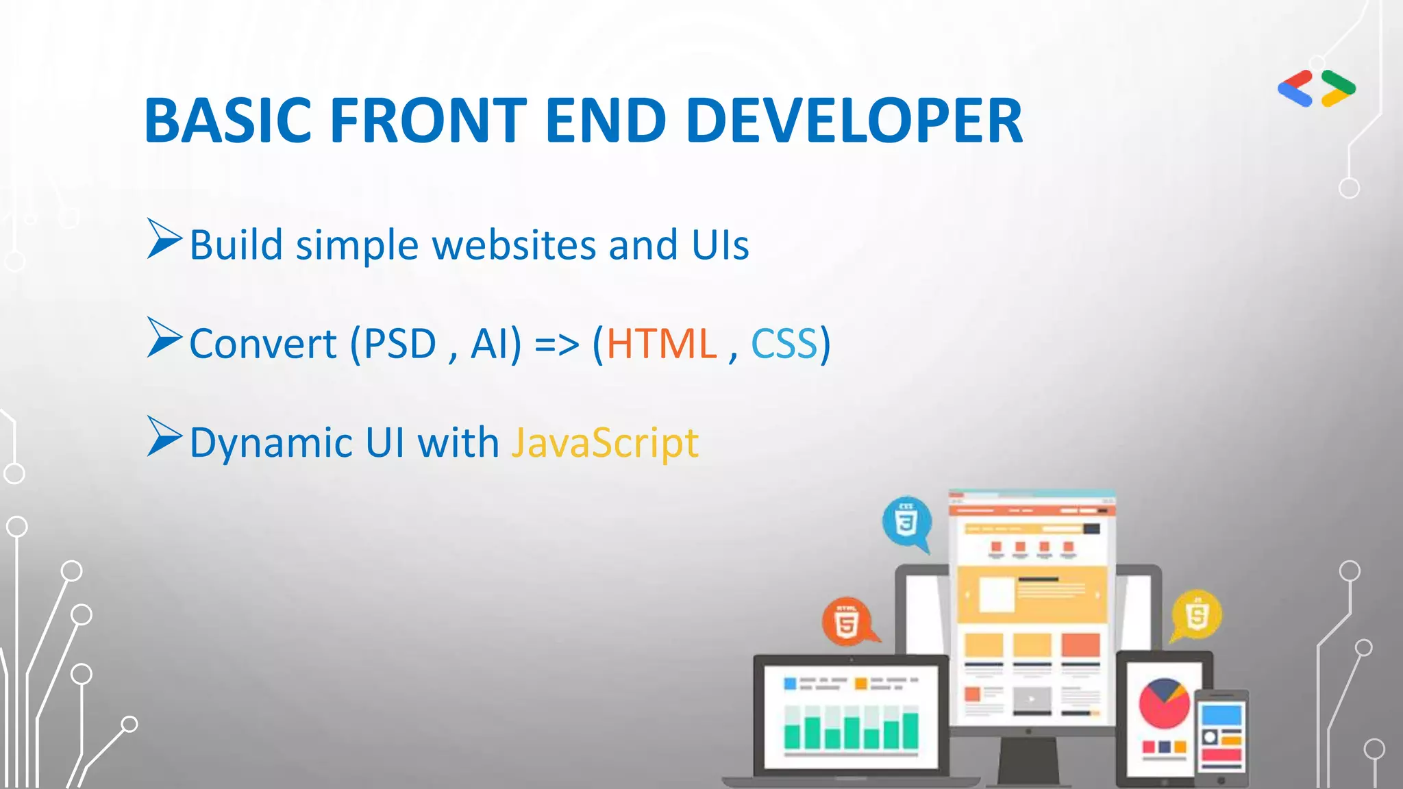 BASIC FRONT END DEVELOPER
Build simple websites and UIs
Convert (PSD , AI) => (HTML , CSS)
Dynamic UI with JavaScript
 