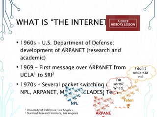 WHAT IS “THE INTERNET”?
• 1960s – U.S. Department of Defense:
development of ARPANET (research and
academic)
• 1969 – First message over ARPANET from
UCLA1 to SRI2
• 1970s – Several packet switching networks:
NPL, ARPANET, Merit, CYCLADES, Telenet, etc.
1 University of California, Los Angeles
2 Stanford Research Institute, Los Angeles
NPL
ARPANE
Telen
et
I’m
sorry?
What?
I don’t
understa
nd
 