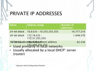 PRIVATE IP ADDRESSES
Name Address range Number of
addresses
24-bit block 10.0.0.0 – 10.255.255.255 16.777.216
20-bit block 172.16.0.0 –
172.31.255.255
1.048.576
16-bit block 192.168.0.0 –
192.168.255.255
65.536
127.0.0.0 – loopback (localhost) address
• Used primarily in local networks
• Usually allocated by a local DHCP1 server
(router)
1 Dynamic Host Configuration Protocol
 