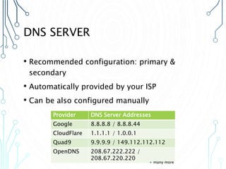 DNS SERVER
• Recommended configuration: primary &
secondary
• Automatically provided by your ISP
• Can be also configured manually
Provider DNS Server Addresses
Google 8.8.8.8 / 8.8.8.44
CloudFlare 1.1.1.1 / 1.0.0.1
Quad9 9.9.9.9 / 149.112.112.112
OpenDNS 208.67.222.222 /
208.67.220.220
+ many more
 