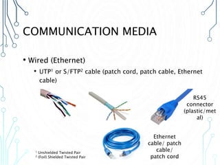 COMMUNICATION MEDIA
• Wired (Ethernet)
• UTP1 or S/FTP2 cable (patch cord, patch cable, Ethernet
cable)
1 Unshielded Twisted Pair
2 (Foil) Shielded Twisted Pair
RS45
connector
(plastic/met
al)
Ethernet
cable/ patch
cable/
patch cord
 