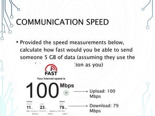 COMMUNICATION SPEED
• Provided the speed measurements below,
calculate how fast would you be able to send
someone 5 GB of data (assuming they use the
same Internet connection as you)
Upload: 100
Mbps
Download: 79
Mbps
 