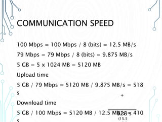 COMMUNICATION SPEED
100 Mbps = 100 Mbps / 8 (bits) = 12.5 MB/s
79 Mbps = 79 Mbps / 8 (bits) = 9.875 MB/s
5 GB = 5 x 1024 MB = 5120 MB
Upload time
5 GB / 79 Mbps = 5120 MB / 9.875 MB/s = 518
s
Download time
5 GB / 100 Mbps = 5120 MB / 12.5 MB/s = 410
+
928 s
(15.5
 