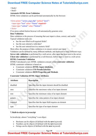 Page 94
</body>
</html>
Automatic HTML Form Validation
HTML form validation can be performed automatically by the browser:
<form action="/action_page.php" method="post">
<input type="text" name="fname" required>
<input type="submit" value="Submit">
</form>
If we press submit button browser will automatically generate error.
Data Validation
Data validation is the process of ensuring that user input is clean, correct, and useful.
Typical validation tasks are:
 has the user filled in all required fields?
 has the user entered a valid date?
 has the user entered text in a numeric field?
Most often, the purpose of data validation is to ensure correct user input.
Validation can be defined by many different methods, and deployed in many different ways.
Server side validation is performed by a web server, after input has been sent to the server.
Client side validation is performed by a web browser, before input is sent to a web server.
HTML Constraint Validation
HTML5 introduced a new HTML validation concept called constraint validation.
HTML constraint validation is based on:
 Constraint validation HTML Input Attributes
 Constraint validation CSS Pseudo Selectors
 Constraint validation DOM Properties and Methods
Constraint Validation HTML Input Attributes
Attribute Description
disabled Specifies that the input element should be disabled
max Specifies the maximum value of an input element
min Specifies the minimum value of an input element
pattern Specifies the value pattern of an input element
required Specifies that the input field requires an element
type Specifies the type of an input element
7. Built-in objects in javascript
In JavaScript, almost "everything" is an object.
 Booleans can be objects (if defined with the new keyword)
 Numbers can be objects (if defined with the new keyword)
 Strings can be objects (if defined with the new keyword)
T
u
t
o
r
i
a
l
s
D
u
n
i
y
a
.
c
o
m
Download FREE Computer Science Notes at TutorialsDuniya.com
Download FREE Computer Science Notes at TutorialsDuniya.com
 