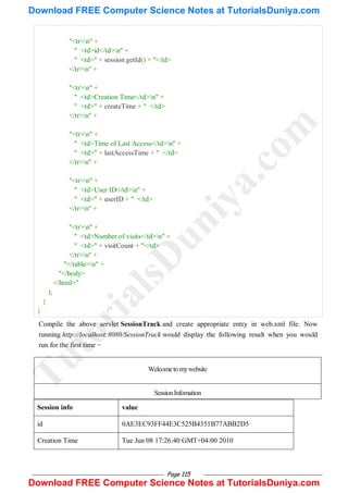 Page 115
"<tr>n" +
" <td>id</td>n" +
" <td>" + session.getId() + "</td>
</tr>n" +
"<tr>n" +
" <td>Creation Time</td>n" +
" <td>" + createTime + " </td>
</tr>n" +
"<tr>n" +
" <td>Time of Last Access</td>n" +
" <td>" + lastAccessTime + " </td>
</tr>n" +
"<tr>n" +
" <td>User ID</td>n" +
" <td>" + userID + " </td>
</tr>n" +
"<tr>n" +
" <td>Number of visits</td>n" +
" <td>" + visitCount + "</td>
</tr>n" +
"</table>n" +
"</body>
</html>"
);
}
}
Compile the above servlet SessionTrack and create appropriate entry in web.xml file. Now
running http://localhost:8080/SessionTrack would display the following result when you would
run for the first time −
Welcometomywebsite
SessionInfomation
Session info value
id 0AE3EC93FF44E3C525B4351B77ABB2D5
Creation Time Tue Jun 08 17:26:40 GMT+04:00 2010
T
u
t
o
r
i
a
l
s
D
u
n
i
y
a
.
c
o
m
Download FREE Computer Science Notes at TutorialsDuniya.com
Download FREE Computer Science Notes at TutorialsDuniya.com
 