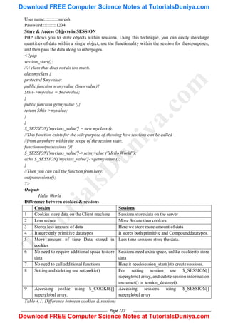 Page 173
User name:::::::::::suresh
Password:::::::::::1234
Store & Access Objects in SESSION
PHP allows you to store objects within sessions. Using this technique, you can easily storelarge
quantities of data within a single object, use the functionality within the session for thesepurposes,
and then pass the data along to otherpages.
<?php
session_start();
//A class that does not do too much.
classmyclass {
protected $myvalue;
public function setmyvalue ($newvalue){
$this->myvalue = $newvalue;
}
public function getmyvalue (){
return $this->myvalue;
}
}
$_SESSION['myclass_value'] = new myclass ();
//This function exists for the sole purpose of showing how sessions can be called
//from anywhere within the scope of the session state.
functionoutputsessions (){
$_SESSION['myclass_value']->setmyvalue ("Hello World");
echo $_SESSION['myclass_value']->getmyvalue ();
}
//Then you can call the function from here:
outputsessions();
?>
Output:
Hello World
Difference between cookies & sessions
Cookies Sessions
1 Cookies store data on the Client machine Sessions store data on the server
2 Less secure More Secure than cookies
3 Stores less amount of data Here we store more amount of data
4 It store only primitive datatypes It stores both primitive and Compounddatatypes.
5 More amount of time Data stored in
cookies
Less time sessions store the data.
6 No need to require additional space tostore
data
Sessions need extra space, unlike cookiesto store
data
7 No need to call additional functions Here it needssession_start() to create sessions.
8 Setting and deleting use setcookie() For setting session use $_SESSION[]
superglobal array, and delete session information
use unset() or session_destroy().
9 Accessing cookie using $_COOKIE[]
superglobal array.
Accessing sessions using $_SESSION[]
superglobal array
Table 4.1: Difference between cookies & sessions
T
u
t
o
r
i
a
l
s
D
u
n
i
y
a
.
c
o
m
Download FREE Computer Science Notes at TutorialsDuniya.com
Download FREE Computer Science Notes at TutorialsDuniya.com
 
