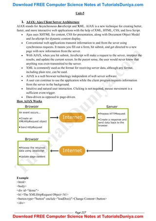 Page 217
Unit-5
1. AJAX: Ajax Client Server Architecture
AJAX stands for Asynchronous JavaScript and XML. AJAX is a new technique for creating better,
faster, and more interactive web applications with the help of XML, HTML, CSS, and Java Script.
 Ajax uses XHTML for content, CSS for presentation, along with Document Object Model
and JavaScript for dynamic content display.
 Conventional web applications transmit information to and from the sever using
synchronous requests. It means you fill out a form, hit submit, and get directed to a new
page with new information from the server.
 With AJAX, when you hit submit, JavaScript will make a request to the server, interpret the
results, and update the current screen. In the purest sense, the user would never know that
anything was even transmitted to the server.
 XML is commonly used as the format for receiving server data, although any format,
including plain text, can be used.
 AJAX is a web browser technology independent of web server software.
 A user can continue to use the application while the client program requests information
from the server in the background.
 Intuitive and natural user interaction. Clicking is not required, mouse movement is a
sufficient event trigger.
 Data-driven as opposed to page-driven.
How AJAX Works
Example
<html>
<body>
<div id="demo">
<h1>The XMLHttpRequest Object</h1>
<button type="button" onclick="loadDoc()">Change Content</button>
</div>
T
u
t
o
r
i
a
l
s
D
u
n
i
y
a
.
c
o
m
Download FREE Computer Science Notes at TutorialsDuniya.com
Download FREE Computer Science Notes at TutorialsDuniya.com
 