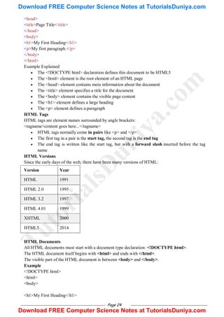 Page 24
<head>
<title>Page Title</title>
</head>
<body>
<h1>My First Heading</h1>
<p>My first paragraph.</p>
</body>
</html>
Example Explained
 The <!DOCTYPE html> declaration defines this document to be HTML5
 The <html> element is the root element of an HTML page
 The <head> element contains meta information about the document
 The <title> element specifies a title for the document
 The <body> element contains the visible page content
 The <h1> element defines a large heading
 The <p> element defines a paragraph
HTML Tags
HTML tags are element names surrounded by angle brackets:
<tagname>content goes here...</tagname>
 HTML tags normally come in pairs like <p> and </p>
 The first tag in a pair is the start tag, the second tag is the end tag
 The end tag is written like the start tag, but with a forward slash inserted before the tag
name
HTML Versions
Since the early days of the web, there have been many versions of HTML:
Version Year
HTML 1991
HTML 2.0 1995
HTML 3.2 1997
HTML 4.01 1999
XHTML 2000
HTML5 2014
HTML Documents
All HTML documents must start with a document type declaration: <!DOCTYPE html>.
The HTML document itself begins with <html> and ends with </html>.
The visible part of the HTML document is between <body> and </body>.
Example
<!DOCTYPE html>
<html>
<body>
<h1>My First Heading</h1>
T
u
t
o
r
i
a
l
s
D
u
n
i
y
a
.
c
o
m
Download FREE Computer Science Notes at TutorialsDuniya.com
Download FREE Computer Science Notes at TutorialsDuniya.com
 