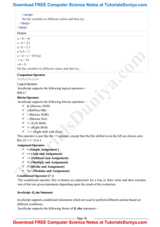 Page 76
</script>
Set the variables to different values and then try...
</body>
</html>
Output
a + b = 43
a - b = 23
a / b = 3.3
a % b = 3
a + b + c = 43Test
++a = 35
--b = 8
Set the variables to different values and then try...
ComparisonOperators
==,!=,<,<=,>,>=
LogicalOperators
JavaScript supports the following logical operators −
&&,||,!
BitwiseOperators
JavaScript supports the following bitwise operators −
 & (Bitwise AND)
 | (BitWise OR)
 ^ (Bitwise XOR)
 ~ (Bitwise Not)
 << (Left Shift)
 >> (Right Shift)
 >>> (Right shift with Zero)
This operator is just like the >> operator, except that the bits shifted in on the left are always zero.
Ex: (A >>> 1) is 1.
AssignmentOperators
 = (Simple Assignment )
 += (Add and Assignment)
 −= (Subtract and Assignment)
 *= (Multiply and Assignment)
 /= (Divide and Assignment)
 %= (Modules and Assignment)
Conditional Operator (? :)
The conditional operator first evaluates an expression for a true or false value and then executes
one of the two given statements depending upon the result of the evaluation.
JavaScript-if...elseStatement
JavaScript supports conditional statements which are used to perform different actions based on
different conditions.
JavaScript supports the following forms of if..else statement −
T
u
t
o
r
i
a
l
s
D
u
n
i
y
a
.
c
o
m
Download FREE Computer Science Notes at TutorialsDuniya.com
Download FREE Computer Science Notes at TutorialsDuniya.com
 