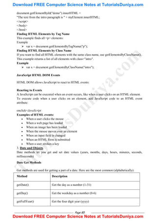 Page 85
document.getElementById("demo").innerHTML =
"The text from the intro paragraph is " + myElement.innerHTML;
</script>
</body>
</html>
Finding HTML Elements by Tag Name
This example finds all <p> elements:
Example
 var x = document.getElementsByTagName("p");
Finding HTML Elements by Class Name
If you want to find all HTML elements with the same class name, use getElementsByClassName().
This example returns a list of all elements with class="intro".
Example
 var x = document.getElementsByClassName("intro");
JavaScript HTML DOM Events
HTML DOM allows JavaScript to react to HTML events:
Reacting to Events
A JavaScript can be executed when an event occurs, like when a user clicks on an HTML element.
To execute code when a user clicks on an element, add JavaScript code to an HTML event
attribute:
onclick=JavaScript
Examples of HTML events:
 When a user clicks the mouse
 When a web page has loaded
 When an image has been loaded
 When the mouse moves over an element
 When an input field is changed
 When an HTML form is submitted
 When a user strokes a key
3. Date and Objects
Date methods let you get and set date values (years, months, days, hours, minutes, seconds,
milliseconds)
Date Get Methods
Get methods are used for getting a part of a date. Here are the most common (alphabetically):
Method Description
getDate() Get the day as a number (1-31)
getDay() Get the weekday as a number (0-6)
getFullYear() Get the four digit year (yyyy)
T
u
t
o
r
i
a
l
s
D
u
n
i
y
a
.
c
o
m
Download FREE Computer Science Notes at TutorialsDuniya.com
Download FREE Computer Science Notes at TutorialsDuniya.com
 