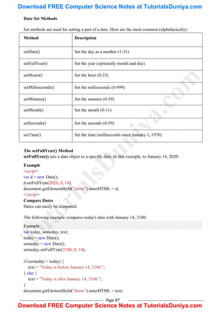 Page 87
Date Set Methods
Set methods are used for setting a part of a date. Here are the most common (alphabetically):
Method Description
setDate() Set the day as a number (1-31)
setFullYear() Set the year (optionally month and day)
setHours() Set the hour (0-23)
setMilliseconds() Set the milliseconds (0-999)
setMinutes() Set the minutes (0-59)
setMonth() Set the month (0-11)
setSeconds() Set the seconds (0-59)
setTime() Set the time (milliseconds since January 1, 1970)
The setFullYear() Method
setFullYear() sets a date object to a specific date. In this example, to January 14, 2020:
Example
<script>
var d = new Date();
d.setFullYear(2020, 0, 14);
document.getElementById("demo").innerHTML = d;
</script>
Compare Dates
Dates can easily be compared.
The following example compares today's date with January 14, 2100:
Example
var today, someday, text;
today = new Date();
someday = new Date();
someday.setFullYear(2100, 0, 14);
if (someday > today) {
text = "Today is before January 14, 2100.";
} else {
text = "Today is after January 14, 2100.";
}
document.getElementById("demo").innerHTML = text;
T
u
t
o
r
i
a
l
s
D
u
n
i
y
a
.
c
o
m
Download FREE Computer Science Notes at TutorialsDuniya.com
Download FREE Computer Science Notes at TutorialsDuniya.com
 