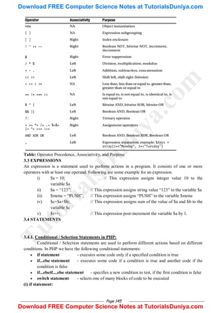 Page 145
Table: Operator Precedence, Associativity, and Purpose
3.3 EXPRESSIONS
An expression is a statement used to perform actions in a program. It consists of one or more
operators with at least one operand. Following are some example for an expression.
i) $a = 10; // This expression assigns integer value 10 to the
variable $a
ii) $a = ―123‖; // This expression assigns string value ―123‖ to the variable $a
iii) $menu = ―PUSH‖; // This expression assigns ―PUSH‖ to the variable $menu
iv) $c=$a+$b; // This expression assigns sum of the value of $a and $b to the
variable $c
v) $i++; // This expression post-increment the variable $a by 1.
3.4 STATEMENTS
3.4.1. Conditional / Selection Statements in PHP:
Conditional / Selection statements are used to perform different actions based on different
conditions. In PHP we have the following conditional statements:
 if statement - executes some code only if a specified condition is true
 if...else statement - executes some code if a condition is true and another code if the
condition is false
 if...elseif....else statement - specifies a new condition to test, if the first condition is false
 switch statement - selects one of many blocks of code to be executed
(i) if statement:
T
u
t
o
r
i
a
l
s
D
u
n
i
y
a
.
c
o
m
Download FREE Computer Science Notes at TutorialsDuniya.com
Download FREE Computer Science Notes at TutorialsDuniya.com
 