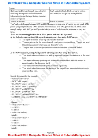 Page 206
parser
Backward and forward search is possible for
searching the tags and evaluation of the
information inside the tags. So this gives the
ease of navigation
SAX reads the XML file from top to bottom
and backward navigation is not possible
Slower at runtime Faster at runtime
That‘s all on difference between SAX and DOM parsers in Java, now it‘s up to you on which XML
parser you going to choose. DOM parser is recommended over SAX parser if XML file is small
enough and go with SAX parser if you don‘t know size of xml files to be processed or they are
large.
What are the usual application for a DOM parser and for a SAX parser?
In the following cases, using SAX parser is advantageous than using DOM parser.
o The input document is too big for available memory
o You can process the document in small contiguous chunks of input. You do not need
the entire document before you can do useful work
o You just want to use the parser to extract the information of interest, and all
In the following cases, using DOM parser is advantageous than using SAX parser.
o Your application needs to access widely separately parts of the document at the same
time.
o Your application may probably use an internal data structure which is almost as
complicated as the document itself.
o Your application has to modify the document repeatedly.
o Your application has to store the document for a significant amount of time through
many method calls.
Sample document for the example
<?xml version="1.0"?>
<!DOCTYPE shapes [
<!ELEMENT shapes (circle)*>
<!ELEMENT circle (x,y,radius)>
<!ELEMENT x (#PCDATA)>
<!ELEMENT y (#PCDATA)>
<!ELEMENT radius (#PCDATA)>
<!ATTLIST circle color CDATA #IMPLIED>
]>
<shapes>
<circle color="BLUE">
<x>20</x>
<y>20</y>
<radius>20</radius>
</circle>
<circle color="RED" >
<x>40</x>
<y>40</y>
<radius>20</radius>
</circle>
T
u
t
o
r
i
a
l
s
D
u
n
i
y
a
.
c
o
m
Download FREE Computer Science Notes at TutorialsDuniya.com
Download FREE Computer Science Notes at TutorialsDuniya.com
 