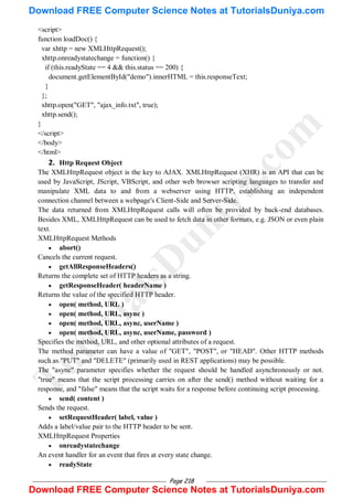 Page 218
<script>
function loadDoc() {
var xhttp = new XMLHttpRequest();
xhttp.onreadystatechange = function() {
if (this.readyState == 4 && this.status == 200) {
document.getElementById("demo").innerHTML = this.responseText;
}
};
xhttp.open("GET", "ajax_info.txt", true);
xhttp.send();
}
</script>
</body>
</html>
2. Http Request Object
The XMLHttpRequest object is the key to AJAX. XMLHttpRequest (XHR) is an API that can be
used by JavaScript, JScript, VBScript, and other web browser scripting languages to transfer and
manipulate XML data to and from a webserver using HTTP, establishing an independent
connection channel between a webpage's Client-Side and Server-Side.
The data returned from XMLHttpRequest calls will often be provided by back-end databases.
Besides XML, XMLHttpRequest can be used to fetch data in other formats, e.g. JSON or even plain
text.
XMLHttpRequest Methods
 abort()
Cancels the current request.
 getAllResponseHeaders()
Returns the complete set of HTTP headers as a string.
 getResponseHeader( headerName )
Returns the value of the specified HTTP header.
 open( method, URL )
 open( method, URL, async )
 open( method, URL, async, userName )
 open( method, URL, async, userName, password )
Specifies the method, URL, and other optional attributes of a request.
The method parameter can have a value of "GET", "POST", or "HEAD". Other HTTP methods
such as "PUT" and "DELETE" (primarily used in REST applications) may be possible.
The "async" parameter specifies whether the request should be handled asynchronously or not.
"true" means that the script processing carries on after the send() method without waiting for a
response, and "false" means that the script waits for a response before continuing script processing.
 send( content )
Sends the request.
 setRequestHeader( label, value )
Adds a label/value pair to the HTTP header to be sent.
XMLHttpRequest Properties
 onreadystatechange
An event handler for an event that fires at every state change.
 readyState
T
u
t
o
r
i
a
l
s
D
u
n
i
y
a
.
c
o
m
Download FREE Computer Science Notes at TutorialsDuniya.com
Download FREE Computer Science Notes at TutorialsDuniya.com
 