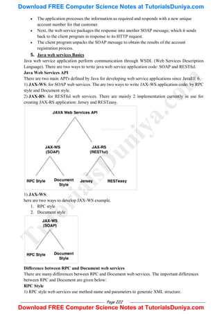 Page 222
 The application processes the information as required and responds with a new unique
account number for that customer.
 Next, the web service packages the response into another SOAP message, which it sends
back to the client program in response to its HTTP request.
 The client program unpacks the SOAP message to obtain the results of the account
registration process.
5. Java web services Basics
Java web service application perform communication through WSDL (Web Services Description
Language). There are two ways to write java web service application code: SOAP and RESTful.
Java Web Services API
There are two main API's defined by Java for developing web service applications since JavaEE 6.
1) JAX-WS: for SOAP web services. The are two ways to write JAX-WS application code: by RPC
style and Document style.
2) JAX-RS: for RESTful web services. There are mainly 2 implementation currently in use for
creating JAX-RS application: Jersey and RESTeasy.
1) JAX-WS:
here are two ways to develop JAX-WS example.
1. RPC style
2. Document style
Difference between RPC and Document web services
There are many differences between RPC and Document web services. The important differences
between RPC and Document are given below:
RPC Style
1) RPC style web services use method name and parameters to generate XML structure.
T
u
t
o
r
i
a
l
s
D
u
n
i
y
a
.
c
o
m
Download FREE Computer Science Notes at TutorialsDuniya.com
Download FREE Computer Science Notes at TutorialsDuniya.com
 