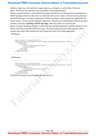 Page 236
primitive types (e.g., int) and their wrapper types (e.g., Integer), as well asDate, Time and
others. SOAP can also transmit arrays and objects of user-defined types
When a program invokes a web method, the request and all relevant information are packaged in a
SOAP message and sent to the server on which the web service resides. The web service processes
the SOAP message‘s contents (contained in a SOAP envelope), which specify the method that the
client wishes to invoke and the method‘s arguments. This process of interpreting a SOAP message‘s
contents is known as parsing a SOAP mes-sage. After the webservice receives and
parses a request, the proper method is called with any specified arguments, and the response is sent
back to the client in another SOAP mes-sage. The client-side proxy parses the response, which
contains the result of the method call, and returns the result to the client application.
Fig:SOAP messages for the HugeInteger web service‘s
T
u
t
o
r
i
a
l
s
D
u
n
i
y
a
.
c
o
m
Download FREE Computer Science Notes at TutorialsDuniya.com
Download FREE Computer Science Notes at TutorialsDuniya.com
 