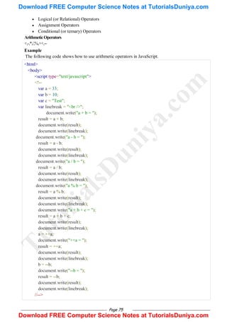 Page 75
 Logical (or Relational) Operators
 Assignment Operators
 Conditional (or ternary) Operators
ArithmeticOperators
+,-,*,/,%,++,--
Example
The following code shows how to use arithmetic operators in JavaScript.
<html>
<body>
<script type="text/javascript">
<!--
var a = 33;
var b = 10;
var c = "Test";
var linebreak = "<br />";
document.write("a + b = ");
result = a + b;
document.write(result);
document.write(linebreak);
document.write("a - b = ");
result = a - b;
document.write(result);
document.write(linebreak);
document.write("a / b = ");
result = a / b;
document.write(result);
document.write(linebreak);
document.write("a % b = ");
result = a % b;
document.write(result);
document.write(linebreak);
document.write("a + b + c = ");
result = a + b + c;
document.write(result);
document.write(linebreak);
a = ++a;
document.write("++a = ");
result = ++a;
document.write(result);
document.write(linebreak);
b = --b;
document.write("--b = ");
result = --b;
document.write(result);
document.write(linebreak);
//-->
T
u
t
o
r
i
a
l
s
D
u
n
i
y
a
.
c
o
m
Download FREE Computer Science Notes at TutorialsDuniya.com
Download FREE Computer Science Notes at TutorialsDuniya.com
 