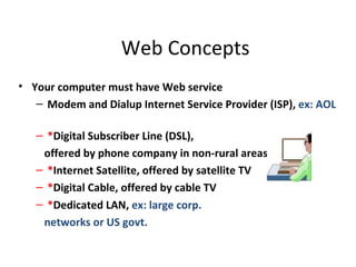 Web Concepts
• Your computer must have Web service
   – Modem and Dialup Internet Service Provider (ISP), ex: AOL

   – *Digital Subscriber Line (DSL),
    offered by phone company in non-rural areas
   – *Internet Satellite, offered by satellite TV
   – *Digital Cable, offered by cable TV
   – *Dedicated LAN, ex: large corp.
    networks or US govt.
 