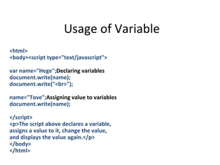 Usage of Variable
<html>
<body><script type="text/javascript">

var name="Hege";Declaring variables
document.write(name);
document.write("<br>");

name="Tove";Assigning value to variables
document.write(name);

</script>
<p>The script above declares a variable,
assigns a value to it, change the value,
and displays the value again.</p>
</body>
</html>
 
