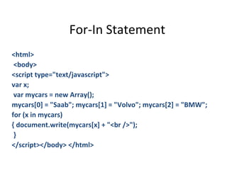 For-In Statement
<html>
 <body>
<script type="text/javascript">
var x;
 var mycars = new Array();
mycars[0] = "Saab"; mycars[1] = "Volvo"; mycars[2] = "BMW";
for (x in mycars)
{ document.write(mycars[x] + "<br />");
 }
</script></body> </html>
 
