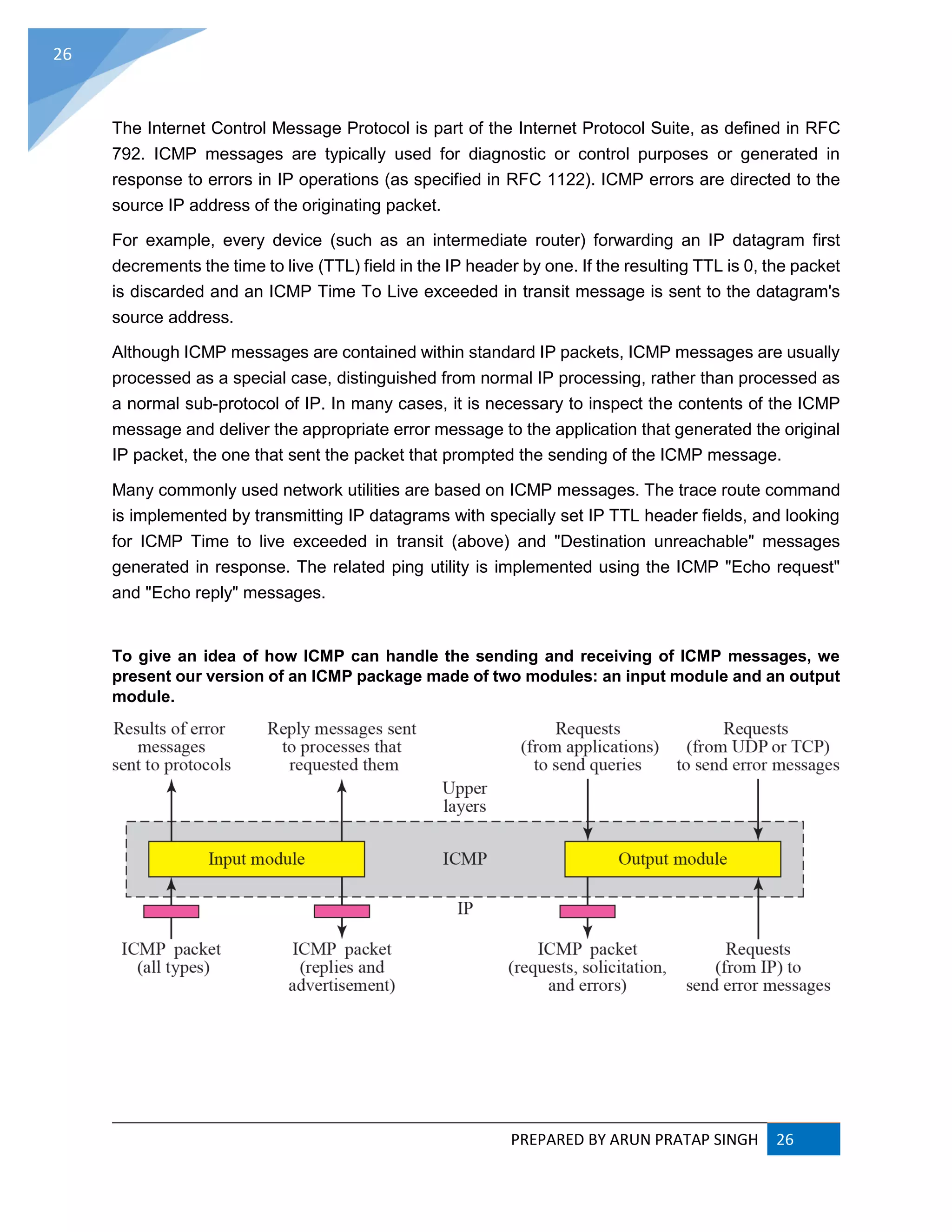 PREPARED BY ARUN PRATAP SINGH 26
26
The Internet Control Message Protocol is part of the Internet Protocol Suite, as defined in RFC
792. ICMP messages are typically used for diagnostic or control purposes or generated in
response to errors in IP operations (as specified in RFC 1122). ICMP errors are directed to the
source IP address of the originating packet.
For example, every device (such as an intermediate router) forwarding an IP datagram first
decrements the time to live (TTL) field in the IP header by one. If the resulting TTL is 0, the packet
is discarded and an ICMP Time To Live exceeded in transit message is sent to the datagram's
source address.
Although ICMP messages are contained within standard IP packets, ICMP messages are usually
processed as a special case, distinguished from normal IP processing, rather than processed as
a normal sub-protocol of IP. In many cases, it is necessary to inspect the contents of the ICMP
message and deliver the appropriate error message to the application that generated the original
IP packet, the one that sent the packet that prompted the sending of the ICMP message.
Many commonly used network utilities are based on ICMP messages. The trace route command
is implemented by transmitting IP datagrams with specially set IP TTL header fields, and looking
for ICMP Time to live exceeded in transit (above) and "Destination unreachable" messages
generated in response. The related ping utility is implemented using the ICMP "Echo request"
and "Echo reply" messages.
To give an idea of how ICMP can handle the sending and receiving of ICMP messages, we
present our version of an ICMP package made of two modules: an input module and an output
module.
 