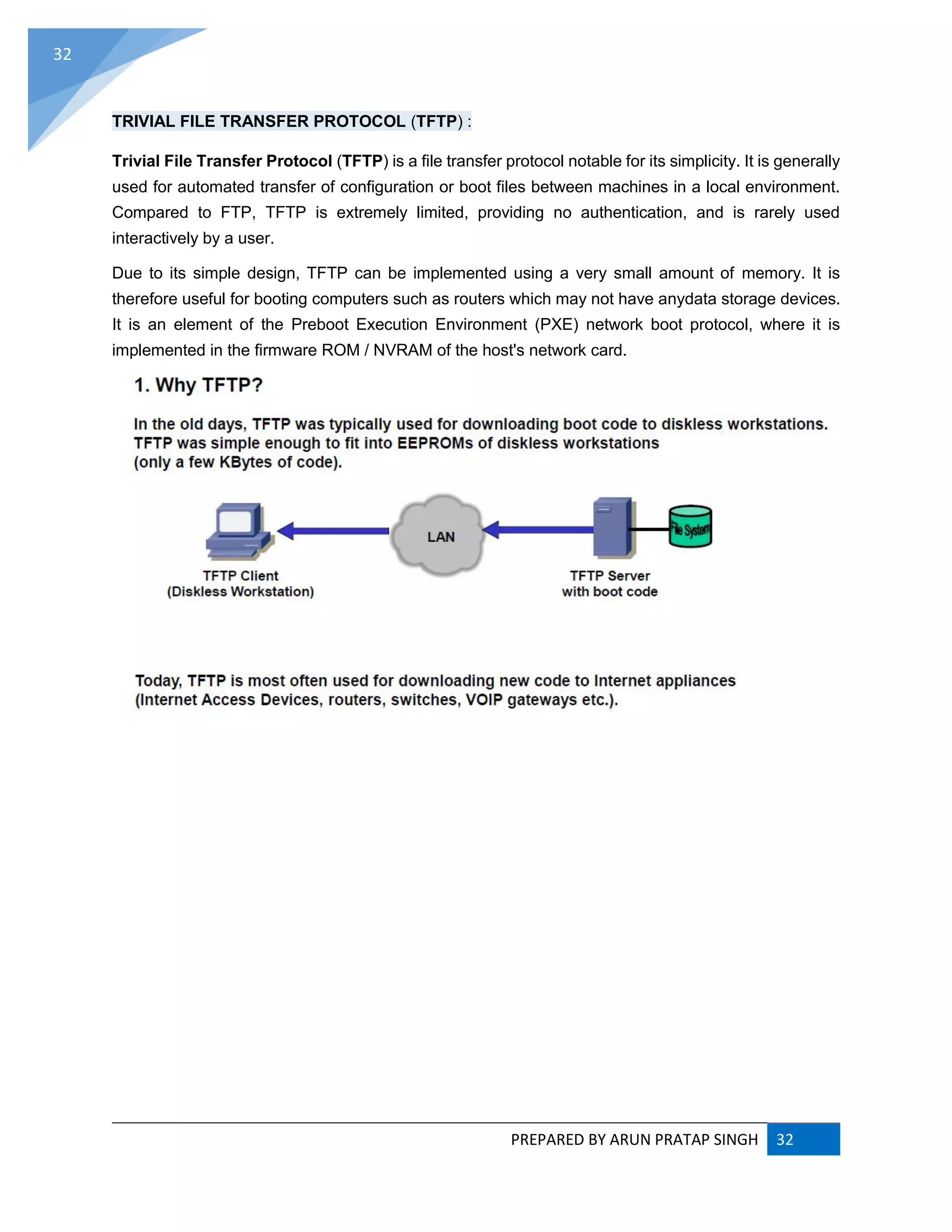 PREPARED BY ARUN PRATAP SINGH 32
32
TRIVIAL FILE TRANSFER PROTOCOL (TFTP) :
Trivial File Transfer Protocol (TFTP) is a file transfer protocol notable for its simplicity. It is generally
used for automated transfer of configuration or boot files between machines in a local environment.
Compared to FTP, TFTP is extremely limited, providing no authentication, and is rarely used
interactively by a user.
Due to its simple design, TFTP can be implemented using a very small amount of memory. It is
therefore useful for booting computers such as routers which may not have anydata storage devices.
It is an element of the Preboot Execution Environment (PXE) network boot protocol, where it is
implemented in the firmware ROM / NVRAM of the host's network card.
 