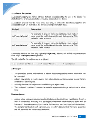 PREPARED BY ARUN PRATAP SINGH 34
34
JavaBeans Properties:
A JavaBean property is a named attribute that can be accessed by the user of the object. The
attribute can be of any Java data type, including classes that you define.
A JavaBean property may be read, write, read only, or write only. JavaBean properties are
accessed through two methods in the JavaBean's implementation class:
Method Description
getPropertyName()
For example, if property name is firstName, your method
name would be getFirstName() to read that property. This
method is called accessor.
setPropertyName()
For example, if property name is firstName, your method
name would be setFirstName() to write that property. This
method is called mutator.
A read-only attribute will have only a getPropertyName() method, and a write-only attribute will
have only a setPropertyName() method.
The full syntax for the useBean tag is as follows:
<jsp:useBean id="bean's name" scope="bean's scope" typeSpec/>
Advantages :
 The properties, events, and methods of a bean that are exposed to another application can
be controlled.
 A bean may register to receive events from other objects and can generate events that are
sent to those other objects.
 Auxiliary software can be provided to help configure a java bean.
 The configuration setting of bean can be saved in a persistent storage and restored at a later
time.
Disadvantages :
 A class with a nullary constructor is subject to being instantiated in an invalid state. If such a
class is instantiated manually by a developer (rather than automatically by some kind of
framework), the developer might not realize that the class has been improperly instantiated.
The compiler can’t detect such a problem, and even if it’s documented, there’s no guarantee
that the developer will see the documentation.
 