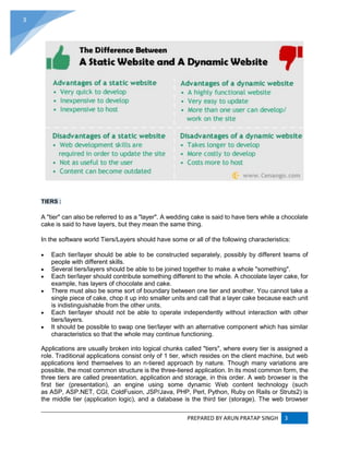 PREPARED BY ARUN PRATAP SINGH 3
3
TIERS :
A "tier" can also be referred to as a "layer". A wedding cake is said to have tiers while a chocolate
cake is said to have layers, but they mean the same thing.
In the software world Tiers/Layers should have some or all of the following characteristics:
 Each tier/layer should be able to be constructed separately, possibly by different teams of
people with different skills.
 Several tiers/layers should be able to be joined together to make a whole "something".
 Each tier/layer should contribute something different to the whole. A chocolate layer cake, for
example, has layers of chocolate and cake.
 There must also be some sort of boundary between one tier and another. You cannot take a
single piece of cake, chop it up into smaller units and call that a layer cake because each unit
is indistinguishable from the other units.
 Each tier/layer should not be able to operate independently without interaction with other
tiers/layers.
 It should be possible to swap one tier/layer with an alternative component which has similar
characteristics so that the whole may continue functioning.
Applications are usually broken into logical chunks called "tiers", where every tier is assigned a
role. Traditional applications consist only of 1 tier, which resides on the client machine, but web
applications lend themselves to an n-tiered approach by nature. Though many variations are
possible, the most common structure is the three-tiered application. In its most common form, the
three tiers are called presentation, application and storage, in this order. A web browser is the
first tier (presentation), an engine using some dynamic Web content technology (such
as ASP, ASP.NET, CGI, ColdFusion, JSP/Java, PHP, Perl, Python, Ruby on Rails or Struts2) is
the middle tier (application logic), and a database is the third tier (storage). The web browser
 
