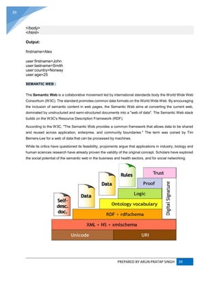 PREPARED BY ARUN PRATAP SINGH 39
39
</body>
</html>
Output:
firstname=Alex
user:firstname=John
user:lastname=Smith
user:country=Norway
user:age=25
SEMANTIC WEB :
The Semantic Web is a collaborative movement led by international standards body the World Wide Web
Consortium (W3C). The standard promotes common data formats on the World Wide Web. By encouraging
the inclusion of semantic content in web pages, the Semantic Web aims at converting the current web,
dominated by unstructured and semi-structured documents into a "web of data". The Semantic Web stack
builds on the W3C's Resource Description Framework (RDF).
According to the W3C, "The Semantic Web provides a common framework that allows data to be shared
and reused across application, enterprise, and community boundaries." The term was coined by Tim
Berners-Lee for a web of data that can be processed by machines.
While its critics have questioned its feasibility, proponents argue that applications in industry, biology and
human sciences research have already proven the validity of the original concept. Scholars have explored
the social potential of the semantic web in the business and health sectors, and for social networking.
 