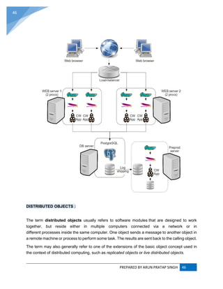 PREPARED BY ARUN PRATAP SINGH 46
46
DISTRIBUTED OBJECTS :
The term distributed objects usually refers to software modules that are designed to work
together, but reside either in multiple computers connected via a network or in
different processes inside the same computer. One object sends a message to another object in
a remote machine or process to perform some task. The results are sent back to the calling object.
The term may also generally refer to one of the extensions of the basic object concept used in
the context of distributed computing, such as replicated objects or live distributed objects.
 