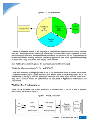 PREPARED BY ARUN PRATAP SINGH 5
5
Figure 4 - 2 Tier architecture
This was a deliberate feature of the language as it enabled an application to be readily switched
from one DBMS engine to another simply by loading a different data access component. No other
part of the application was allowed to communicate with the database, so this component could
be switched without affecting any other part of the application. This made it possible to develop
an application using one DBMS, then deploy it with another.
Note that the presentation logic and the business logic are still intermingled.
What is the difference between "N Tier" and "3 Tier"?
There is no difference. Some people refer to the N Tier Architecture where 'N' can be any number.
I personally have found no use for any more than 3 tiers, which is why I always call it the 3 Tier
Architecture. If you try to build an application with more than three layers then be aware that it
may have a serious impact on performance, as discussed in Application Performance and
Antipatterns.
What the 3 Tier Architecture is not -
Some people consider that a web application is automatically 3 Tier as it has 3 separate
components, as shown in figure 1:
Figure 1 - A Web Application
 