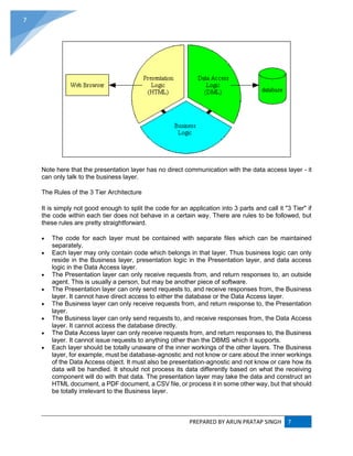 PREPARED BY ARUN PRATAP SINGH 7
7
Note here that the presentation layer has no direct communication with the data access layer - it
can only talk to the business layer.
The Rules of the 3 Tier Architecture
It is simply not good enough to split the code for an application into 3 parts and call it "3 Tier" if
the code within each tier does not behave in a certain way. There are rules to be followed, but
these rules are pretty straightforward.
 The code for each layer must be contained with separate files which can be maintained
separately.
 Each layer may only contain code which belongs in that layer. Thus business logic can only
reside in the Business layer, presentation logic in the Presentation layer, and data access
logic in the Data Access layer.
 The Presentation layer can only receive requests from, and return responses to, an outside
agent. This is usually a person, but may be another piece of software.
 The Presentation layer can only send requests to, and receive responses from, the Business
layer. It cannot have direct access to either the database or the Data Access layer.
 The Business layer can only receive requests from, and return response to, the Presentation
layer.
 The Business layer can only send requests to, and receive responses from, the Data Access
layer. It cannot access the database directly.
 The Data Access layer can only receive requests from, and return responses to, the Business
layer. It cannot issue requests to anything other than the DBMS which it supports.
 Each layer should be totally unaware of the inner workings of the other layers. The Business
layer, for example, must be database-agnostic and not know or care about the inner workings
of the Data Access object. It must also be presentation-agnostic and not know or care how its
data will be handled. It should not process its data differently based on what the receiving
component will do with that data. The presentation layer may take the data and construct an
HTML document, a PDF document, a CSV file, or process it in some other way, but that should
be totally irrelevant to the Business layer.
 