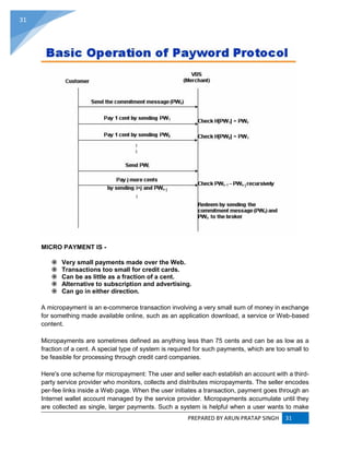 PREPARED BY ARUN PRATAP SINGH 31
31
MICRO PAYMENT IS -
 Very small payments made over the Web.
 Transactions too small for credit cards.
 Can be as little as a fraction of a cent.
 Alternative to subscription and advertising.
 Can go in either direction.
A micropayment is an e-commerce transaction involving a very small sum of money in exchange
for something made available online, such as an application download, a service or Web-based
content.
Micropayments are sometimes defined as anything less than 75 cents and can be as low as a
fraction of a cent. A special type of system is required for such payments, which are too small to
be feasible for processing through credit card companies.
Here's one scheme for micropayment: The user and seller each establish an account with a third-
party service provider who monitors, collects and distributes micropayments. The seller encodes
per-fee links inside a Web page. When the user initiates a transaction, payment goes through an
Internet wallet account managed by the service provider. Micropayments accumulate until they
are collected as single, larger payments. Such a system is helpful when a user wants to make
 