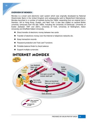 PREPARED BY ARUN PRATAP SINGH 38
38
OVERVIEW OF MONDEX :
Mondex is a smart card electronic cash system which was originally developed by National
Westminster Bank in the United Kingdom and subsequently sold to MasterCard International.
Mondex launched in a number of markets during the 1990s, expanding from an original trial in
Swindon, UK to Hong Kong, Guelph, and New York. It was also trialled on several British
university campuses from the late 1990s, including the University of Edinburgh, University of
Exeter (between 1997 and 2001), University of York, University of Nottingham, Aston
University and Sheffield Hallam University.
 Direct transfer of electronic money between two cards
 Transfer of electronic money over the Internet or telephone networks etc.
 Keep transaction records
 Password protection and “lock card” functions
 Portable balance finder to check balance
 Support multiple currencies
 