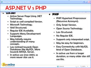 ASP.NET V s PHP
• ASP.NET
– Active Server Page Using .NET
Technology.
– Script as well compiled Version.
– Microsoft Technology.
– Well Structured.
– Regular IDE Available.
– Supports Many Development
Languages.
– May Initially require
understanding of many
concepts.
– Less inclined towards Open
Databases like MySQL. More
towards MSSQL Server.
– In active use since 2003, so
more newer sites use it.
• PHP
– PHP Hypertext Preprocessor
(Recursive Acronym).
– Only Script Version.
– Open Source Technology.
– Less Structured.
– No Regular IDE.
– Supports only interpreted script.
– May be easy for beginners.
– Easy Connectivity with MySQL
kind of Open Databases.
– In active use from a longer
duration, so many older sites still
use this.
 