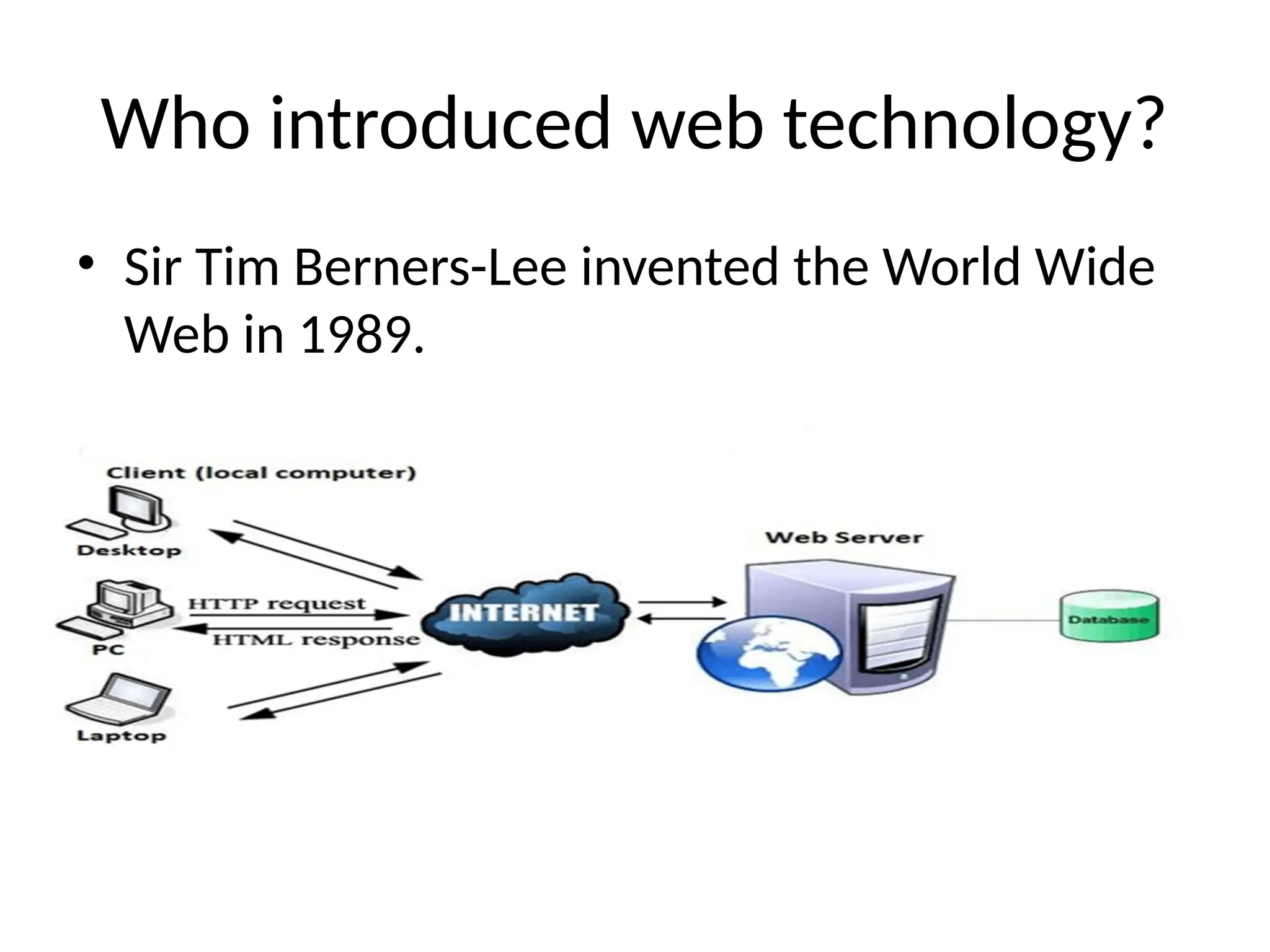 Who introduced web technology?
• Sir Tim Berners-Lee invented the World Wide
Web in 1989.
 