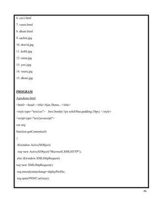 46
6. yuvi.html
7. veeru.html
8. dhoni.html
9. sachin.jpg
10. dravid.jpg
11. kohli.jpg
12. raina.jpg
13. yuvi.jpg
14. veeru.jpg
15. dhoni.jpg
PROGRAM
Ajaxdemo.html
<html> <head> <title>Ajax Demo...</title>
<style type="text/css"> .box{border:1px solid blue;padding:10px} </style>
<script type="text/javascript">
var req;
function getContent(url)
{
if(window.ActiveXObject)
req=new ActiveXObject("Microsoft.XMLHTTP");
else if(window.XMLHttpRequest)
req=new XMLHttpRequest();
req.onreadystatechange=diplayProfile;
req.open('POST',url,true);
 