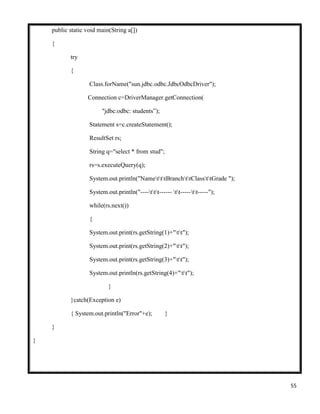 55
public static void main(String a[])
{
try
{
Class.forName("sun.jdbc.odbc.JdbcOdbcDriver");
Connection c=DriverManager.getConnection(
"jdbc:odbc: students”);
Statement s=c.createStatement();
ResultSet rs;
String q="select * from stud";
rs=s.executeQuery(q);
System.out.println("NametttBranchttClassttGrade ");
System.out.println("----ttt------ tt-----tt-----");
while(rs.next())
{
System.out.print(rs.getString(1)+"tt");
System.out.print(rs.getString(2)+"tt");
System.out.print(rs.getString(3)+"tt");
System.out.println(rs.getString(4)+"tt");
}
}catch(Exception e)
{ System.out.println("Error"+e); }
}
}
 