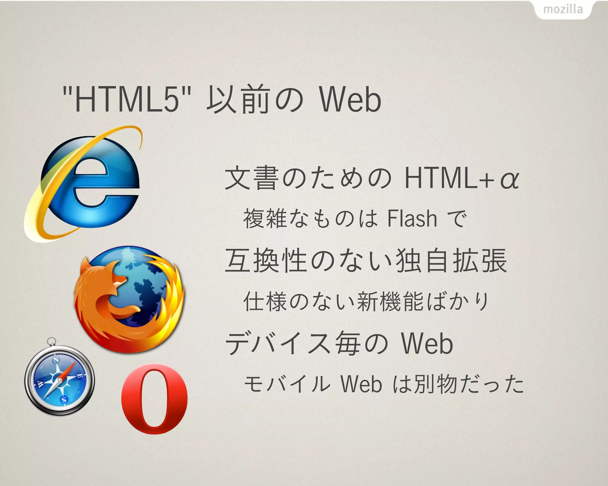 ブラウザ戦争


 IE の独占市場を Firefox が崩して Web 標準の時代へ
 